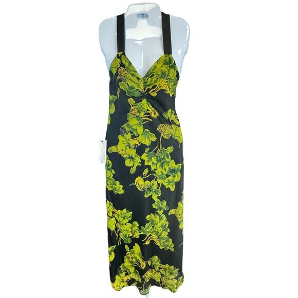New TOPSHOP Green Black Floral Print Cami Maxi Dress Ribbon Cross Back Women’s 2 - Picture 2 of 13